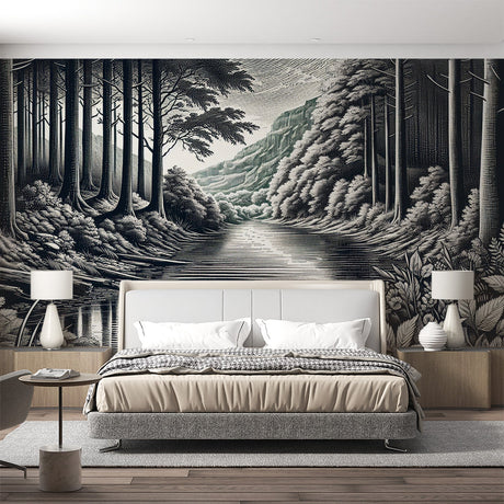 Black and white forest wallpaper mural creating depth in modern minimalist living room with grey sofa and natural light