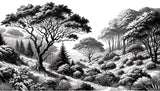 Panoramic tree mural in black and white making a bedroom feel spacious and calm