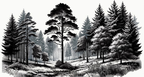 Monochrome pine tree wallpaper adding character to a cozy bedroom setting