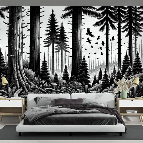 Black and white forest mural wallpaper creating depth in a modern living room with minimal furniture