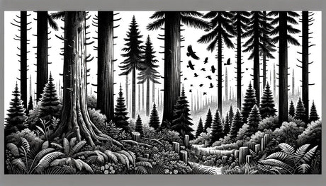 Forest mural wallpaper design file showing detailed pine trees and flying birds pattern in monochrome