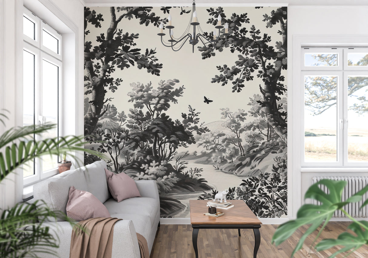 Toile de jouy forest wallpaper creating elegant atmosphere in master bedroom