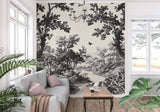 Toile de jouy forest wallpaper creating elegant atmosphere in master bedroom