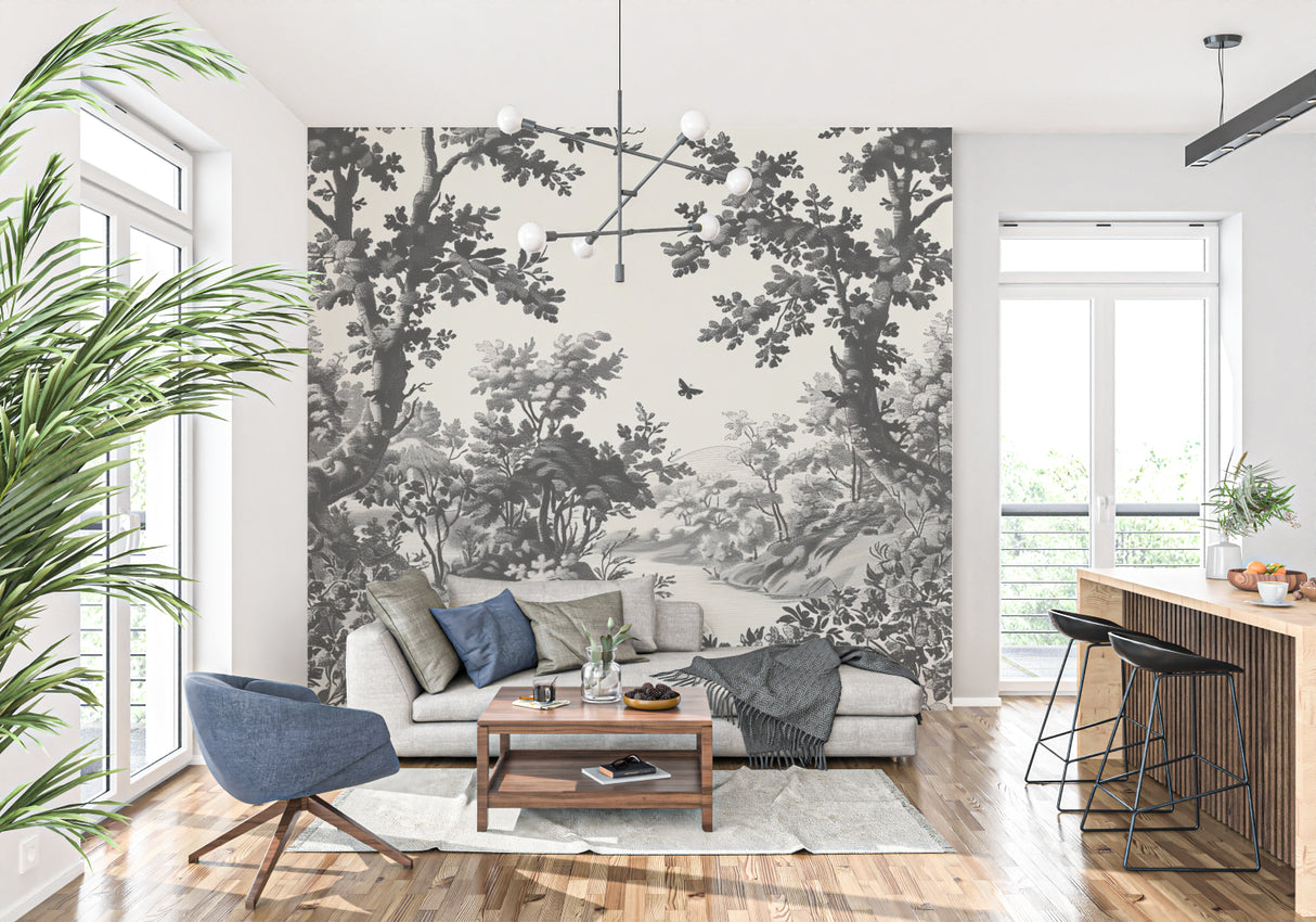 Monochrome forest mural wallpaper in stylish dining room setting