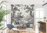 Monochrome forest mural wallpaper in stylish dining room setting