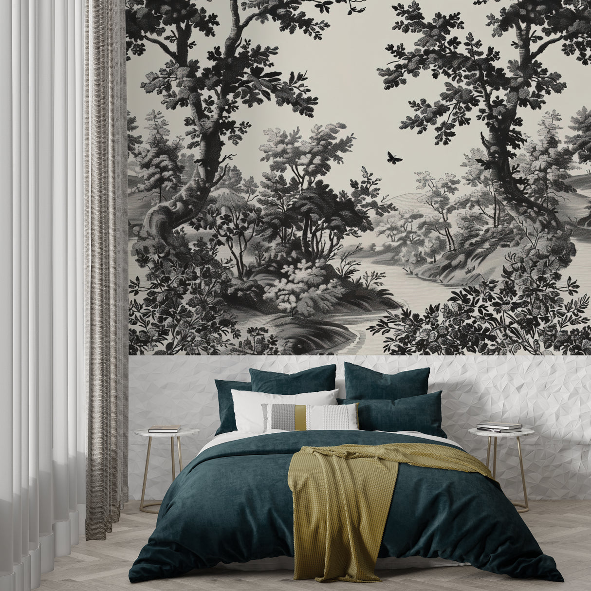 Black and white nature wallpaper adding depth to home office space