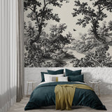 Black and white nature wallpaper adding depth to home office space