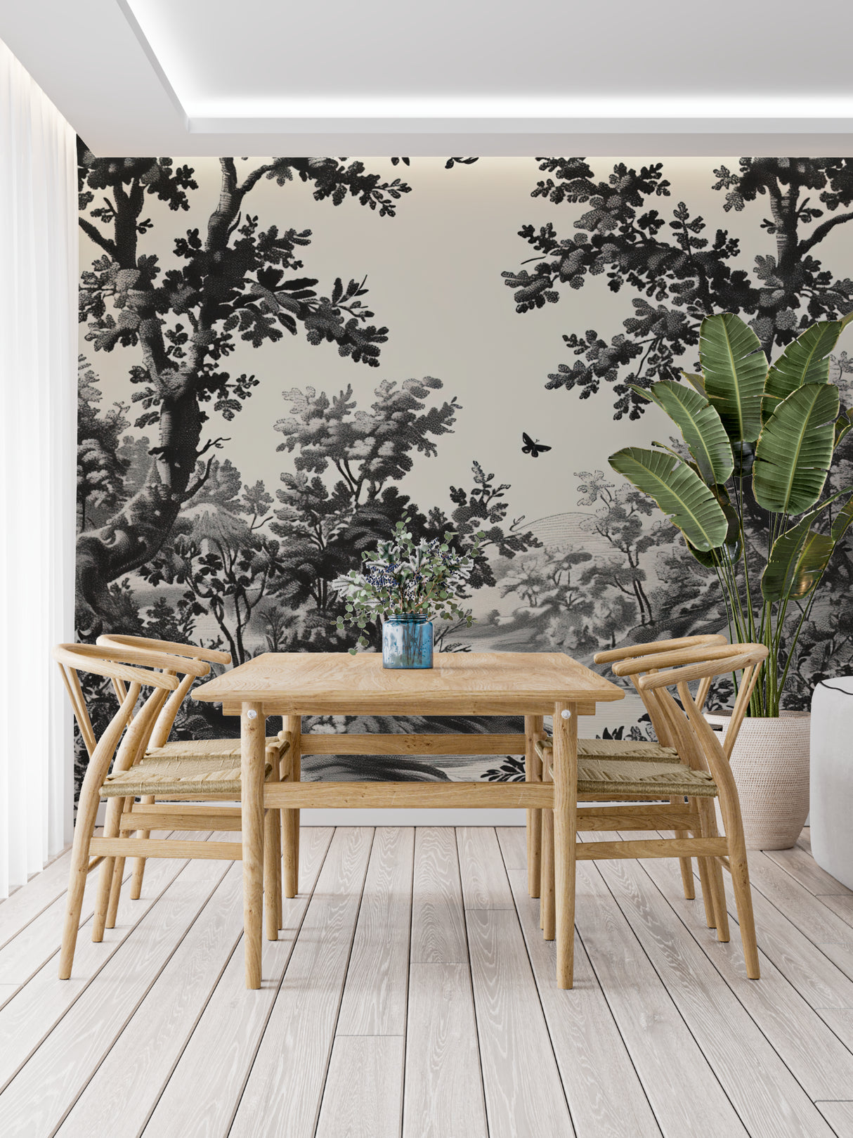 Forest scene wallpaper bringing classic elegance to entrance hallway