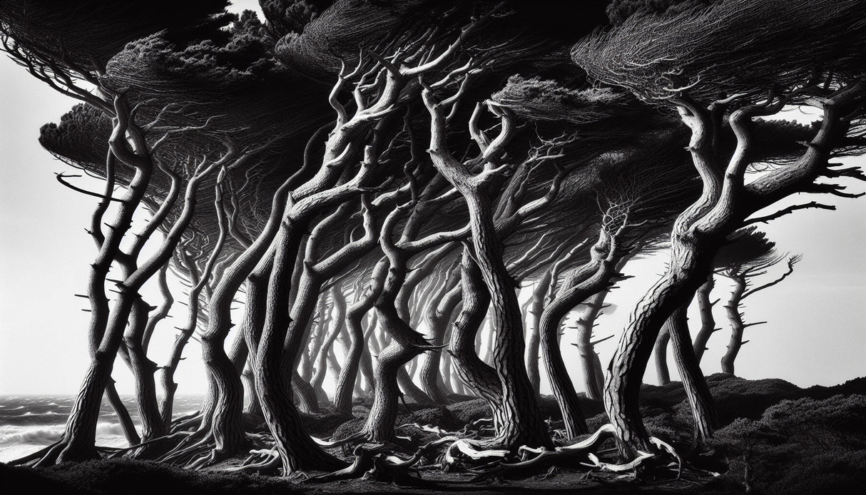 Black and white tree silhouettes design file showing intricate branch details and misty background pattern