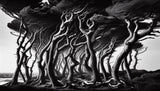 Black and white tree silhouettes design file showing intricate branch details and misty background pattern