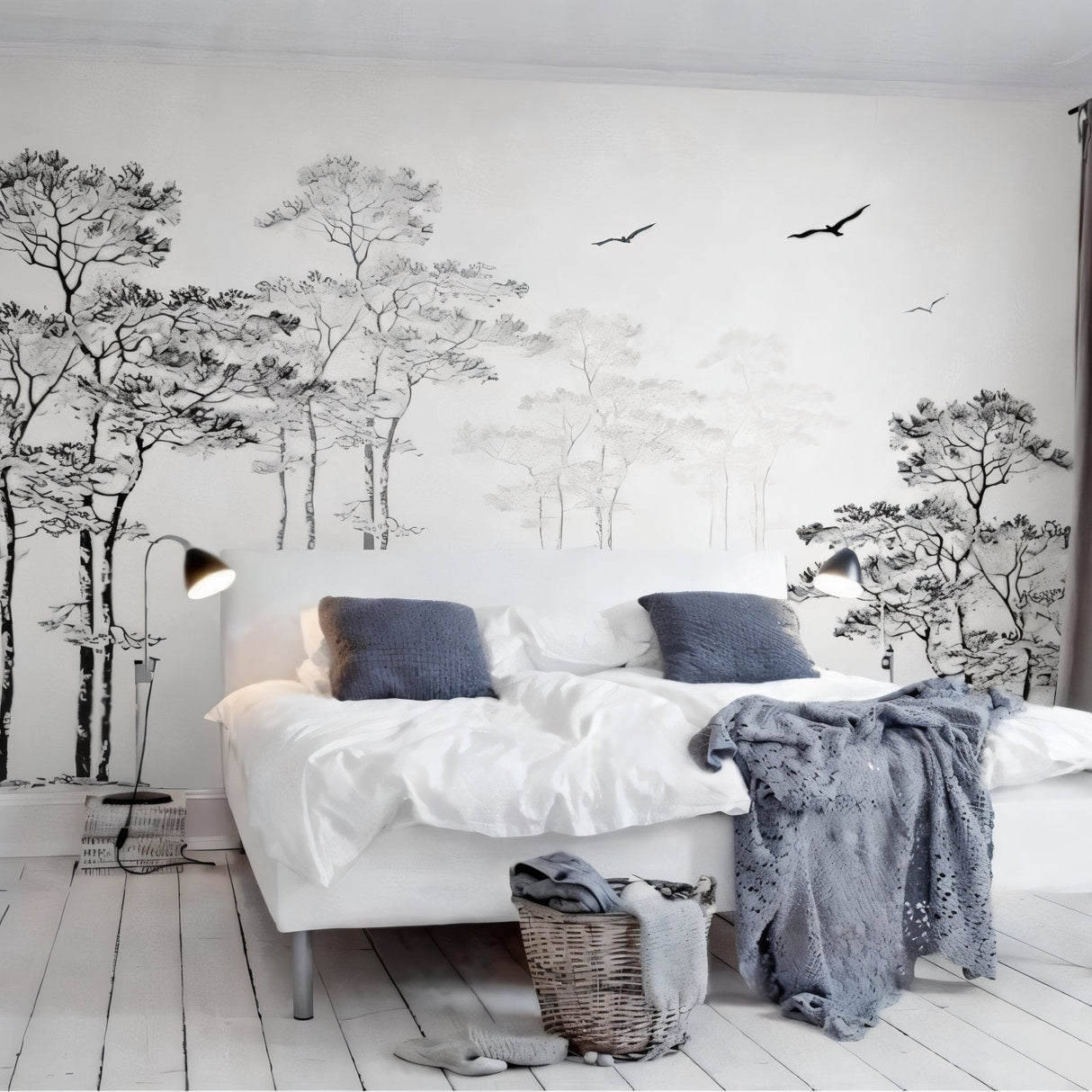Dining room showcase with monochrome tree wallpaper