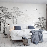 Dining room showcase with monochrome tree wallpaper
