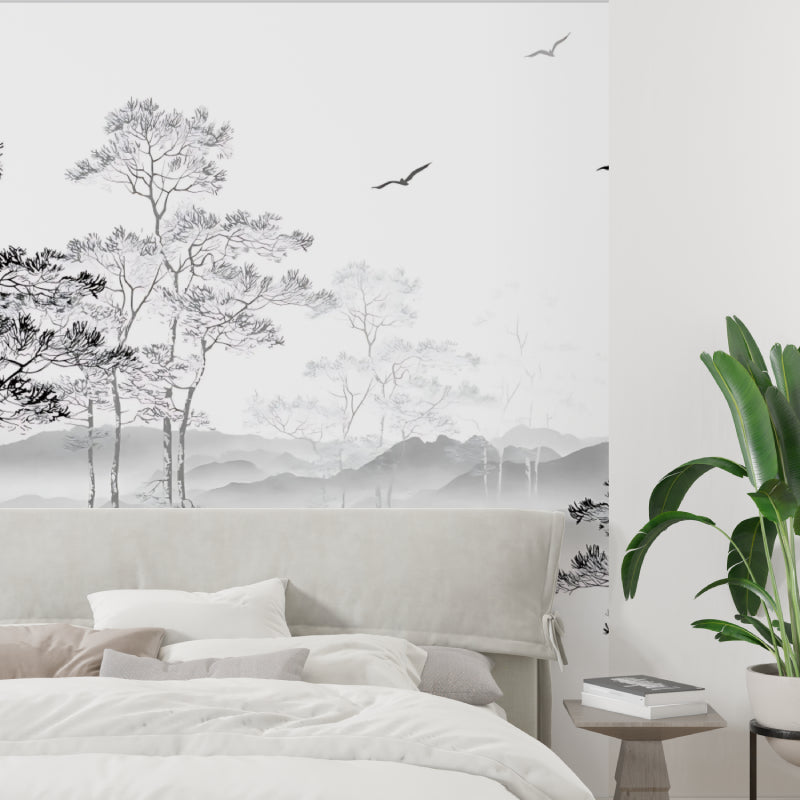 Forest wall mural in hallway with natural lighting