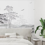 Forest wall mural in hallway with natural lighting