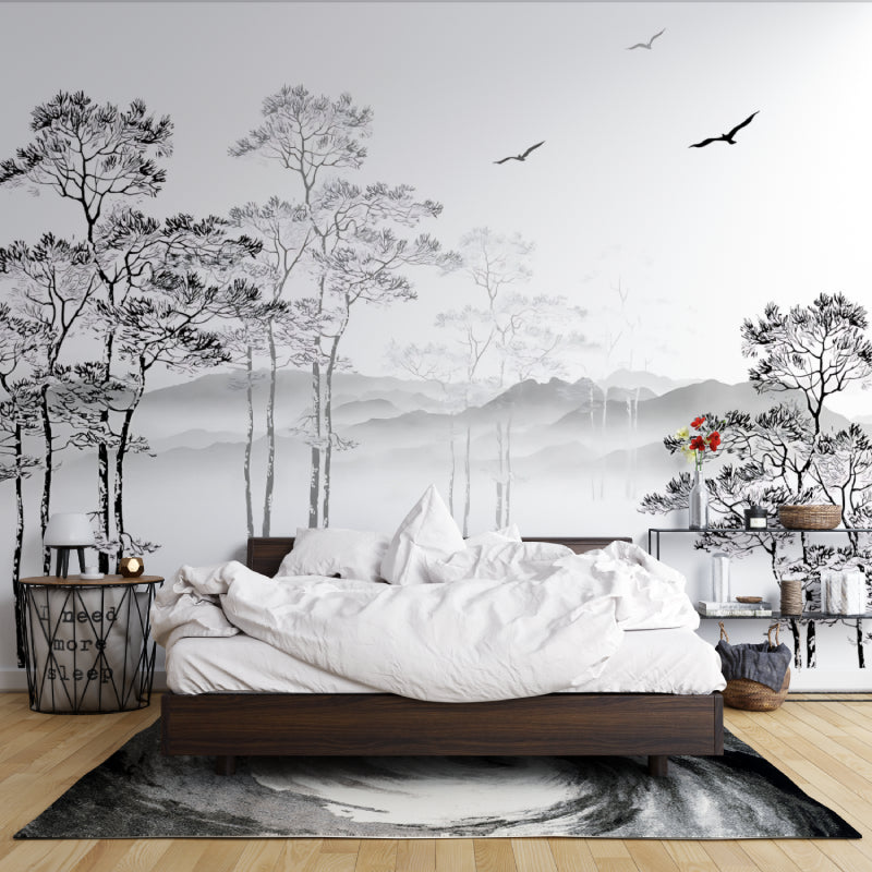 Black and white tree mural in contemporary bathroom setting