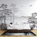Black and white tree mural in contemporary bathroom setting