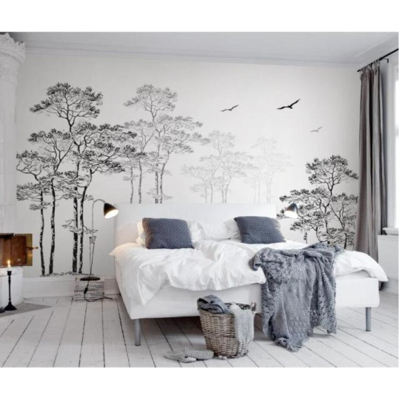 Minimalist entryway with forest silhouette wallpaper