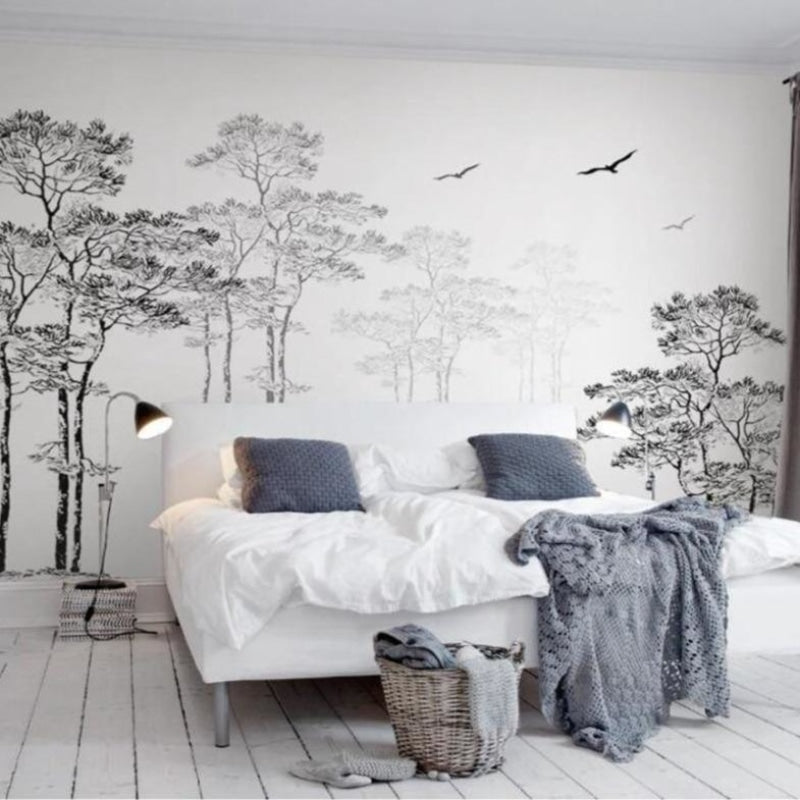 Reading nook with peaceful tree mural backdrop