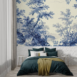 Classic French Toile wallpaper creating atmosphere in master bedroom