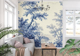 Blue and cream Toile de Jouy mural in modern dining room setting