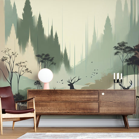 Forest wallpaper with deer silhouettes creating a cozy atmosphere in a modern living room with minimal furniture
