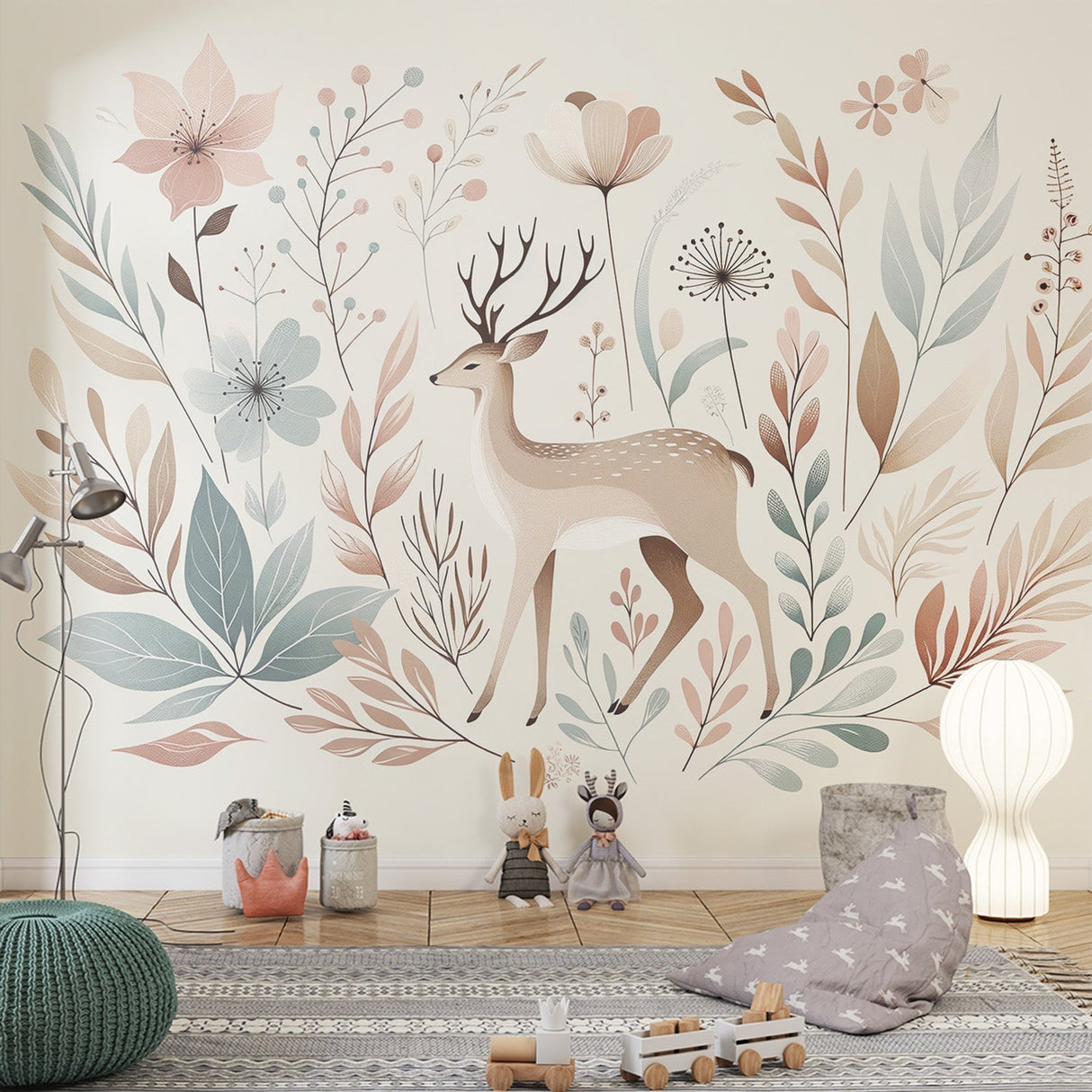 Forest deer wallpaper in a bright nursery with white furniture and soft pink accents