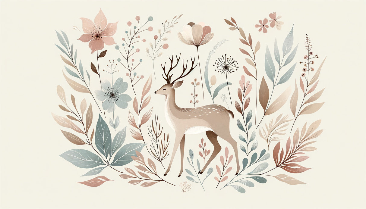 Woodland deer wall mural creating a cozy reading nook with natural light