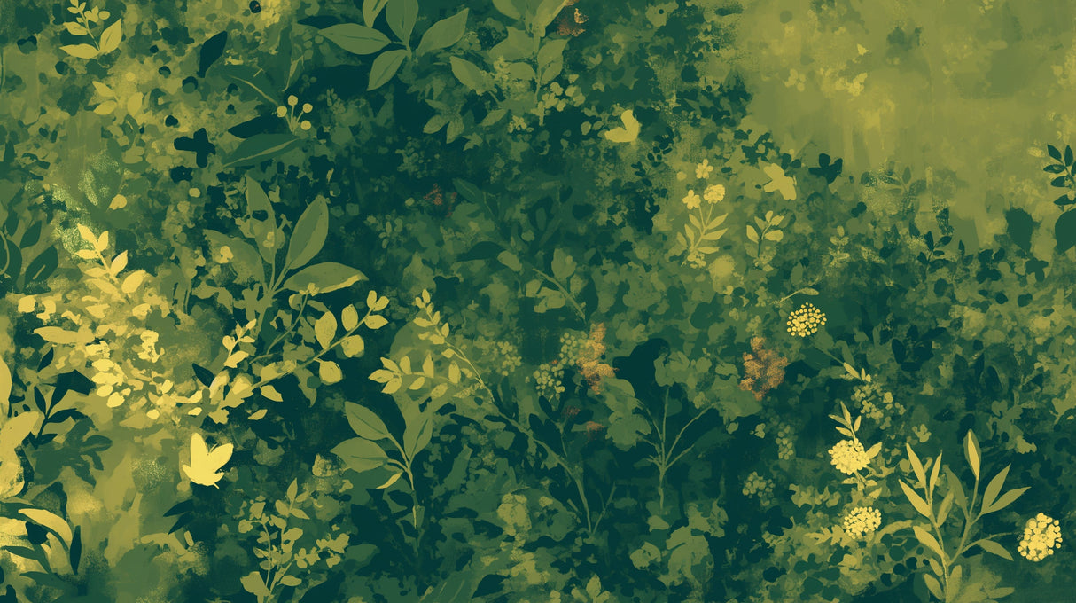 Emerald and gold botanical wallpaper in modern living room with natural light showing detailed leaf patterns
