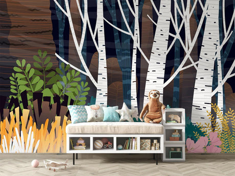 Birch forest wallpaper creating depth in modern living room with grey sofa and natural decor
