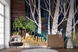 Enchanted forest wall mural in home office with minimal furniture