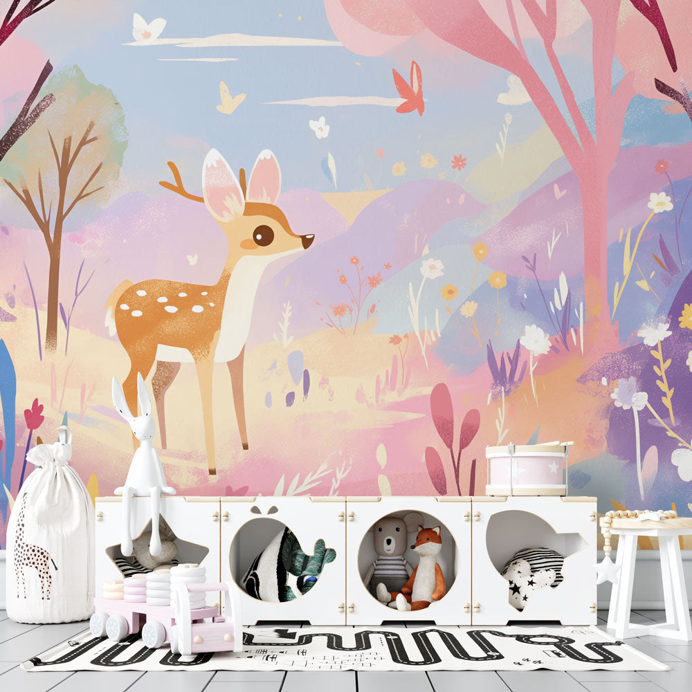 Forest deer wallpaper mural styled in a bright nursery, showing soft pink and purple tones with floating butterflies
