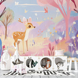 Forest deer wallpaper mural styled in a bright nursery, showing soft pink and purple tones with floating butterflies