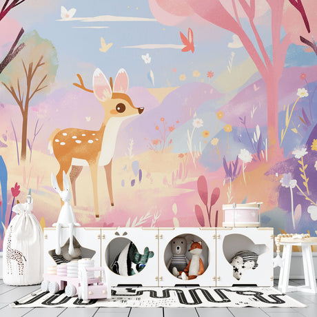 Forest deer wallpaper mural styled in a bright nursery, showing soft pink and purple tones with floating butterflies
