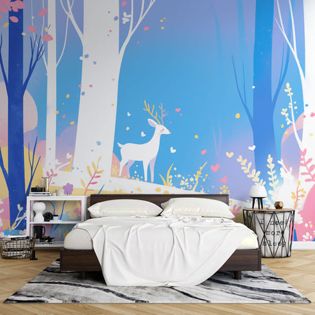 Forest animal wallpaper with white deer and pastel flowers in a bright nursery setting, creating a magical atmosphere