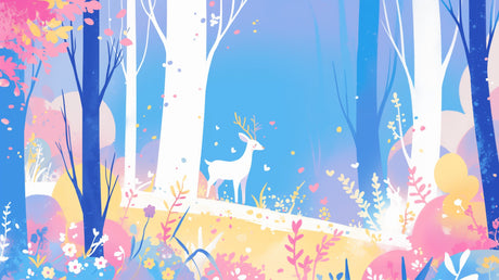 Enchanted forest wallpaper design file showing detailed deer and floral pattern with soft pastel colors