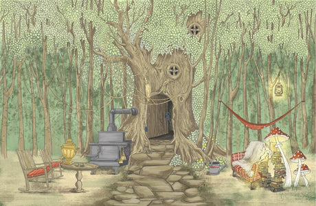 Design file of enchanted tree house forest wallpaper pattern with magical elements