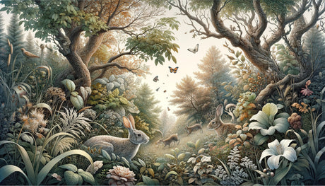 Forest wallpaper mural with butterflies in a bright modern living room, creating a magical woodland atmosphere