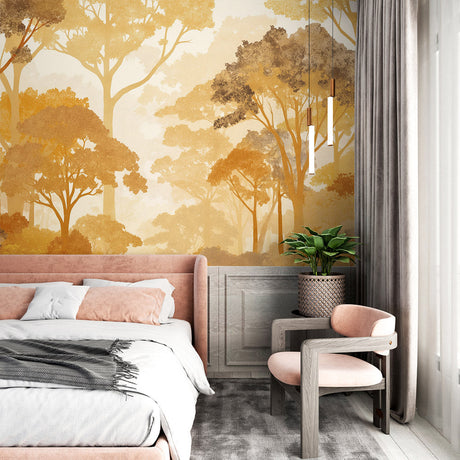 Forest wallpaper mural in modern living room showing golden autumn trees creating warm atmosphere