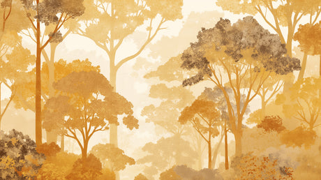 Golden forest wall mural in master bedroom with natural light highlighting autumn colors