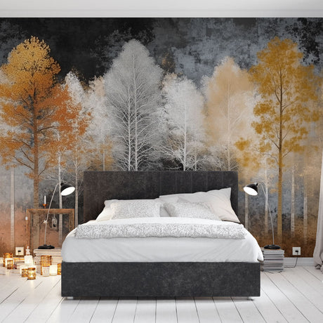 Golden Autumn Forest Mural Wallpaper creating a cozy atmosphere in a modern living room with natural light