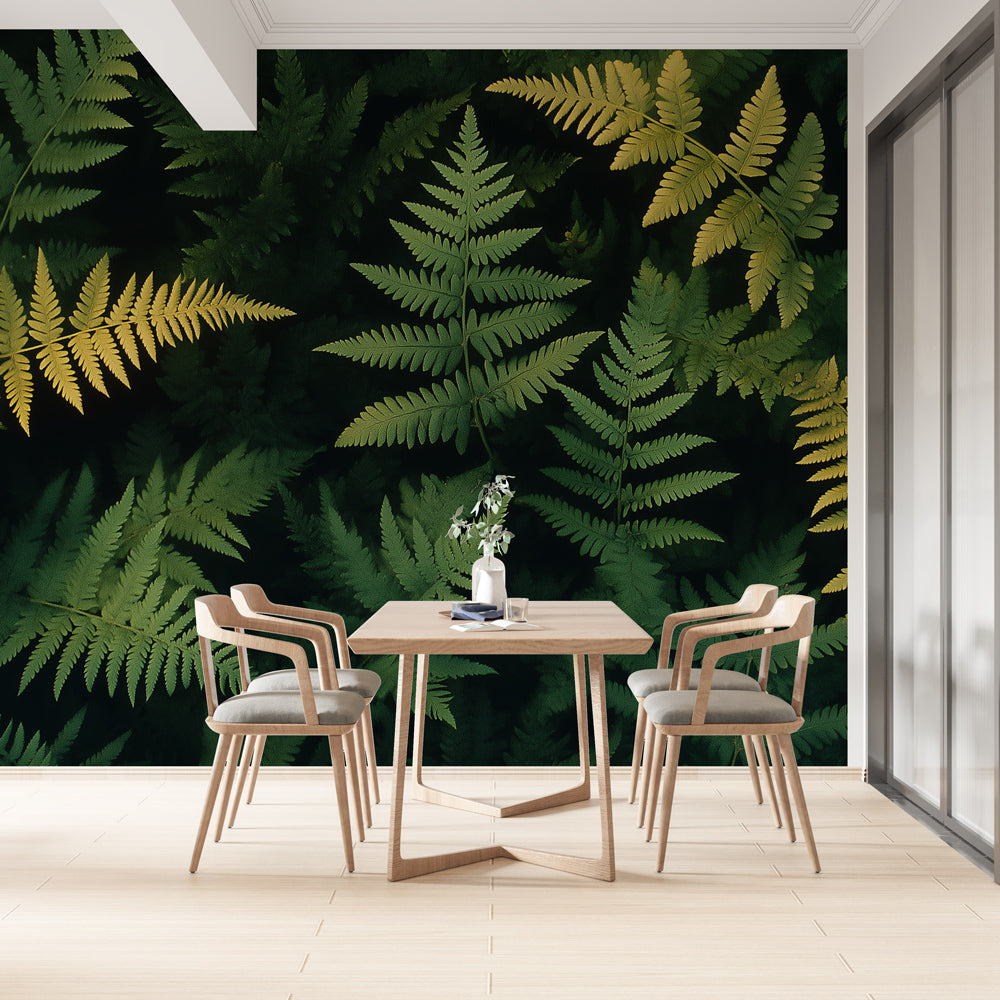 Forest wall mural with golden ferns creating a cozy atmosphere in a modern living room with natural lighting
