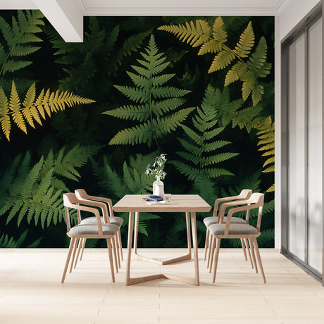 Forest wall mural with golden ferns creating a cozy atmosphere in a modern living room with natural lighting