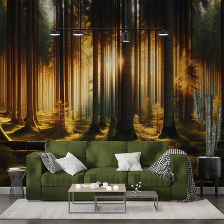 Forest mural wallpaper with golden sunlight creates depth in modern living room, sunbeams filtering through pine trees