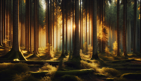 Forest wallpaper design file showing detailed pine trees with golden sunlight rays pattern