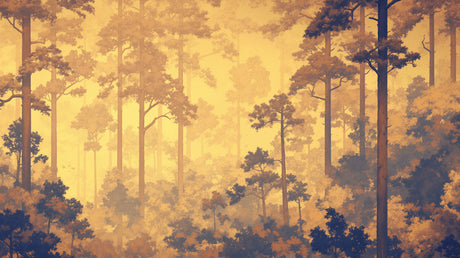 Forest wallpaper mural with golden sunset creating warm ambiance in modern living room