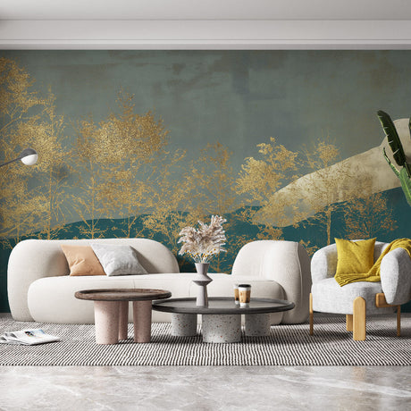 Golden forest wallpaper mural in modern living room with gray sofa and natural light highlighting metallic details