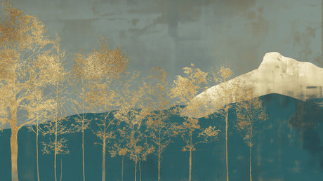 Forest mountain wall mural creating depth in master bedroom with warm lighting