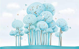 Design file of magical blue forest pattern with dancing butterflies and rounded treetops