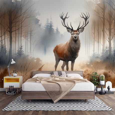 Forest deer wallpaper creating a peaceful atmosphere in a modern living room with natural light