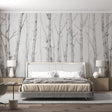 Minimal Birch Forest Wallpaper creating a serene atmosphere in a modern Scandinavian living room
